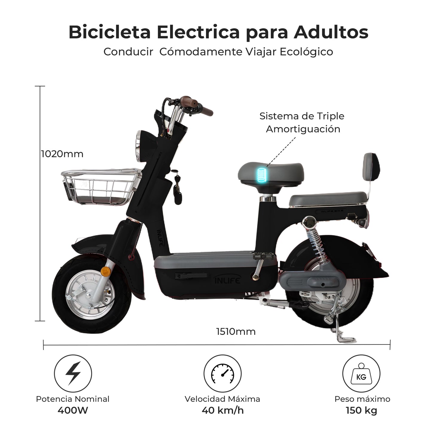 Inlife Bicicleta Eléctrica Motor 400w 40km/h 70km 20ah 2pasajero U6