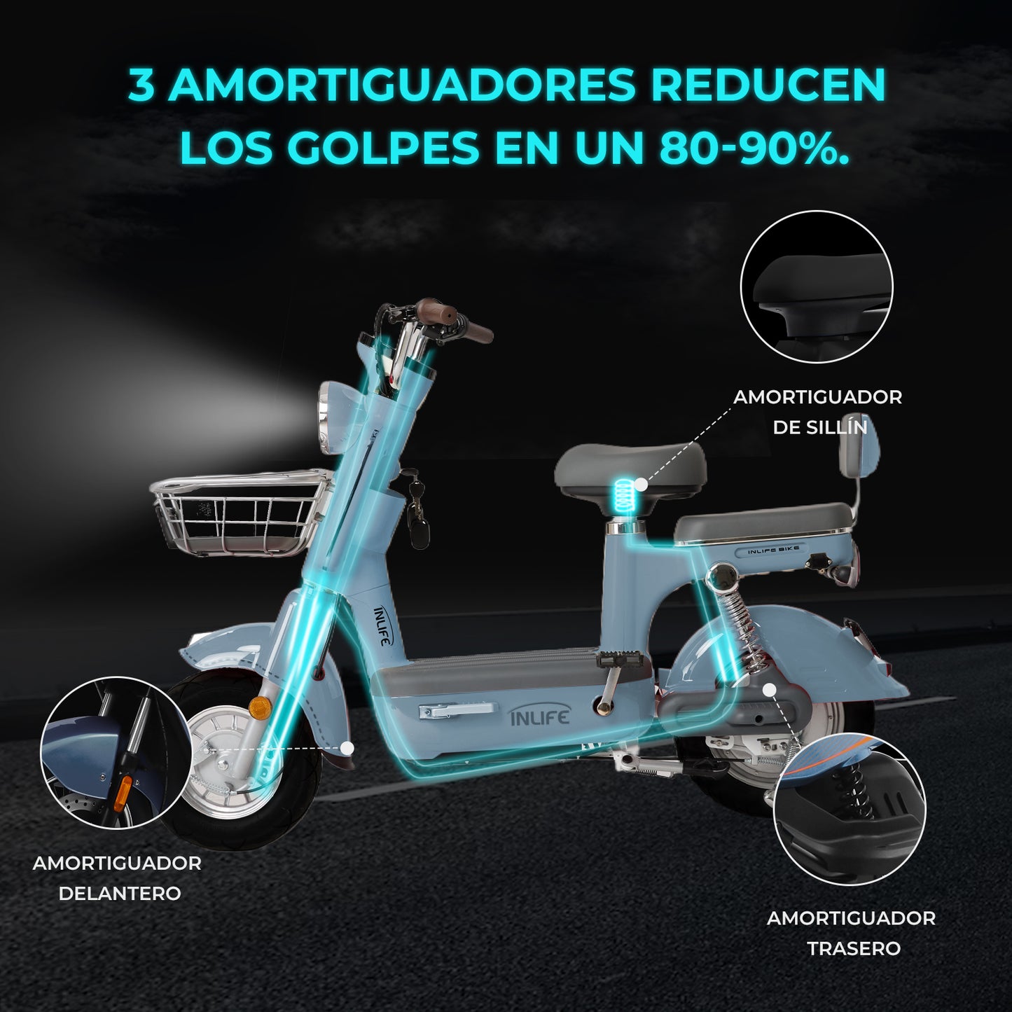 Inlife Bicicleta Eléctrica Motor 400w 40km/h 70km 20ah 2pasajero U6