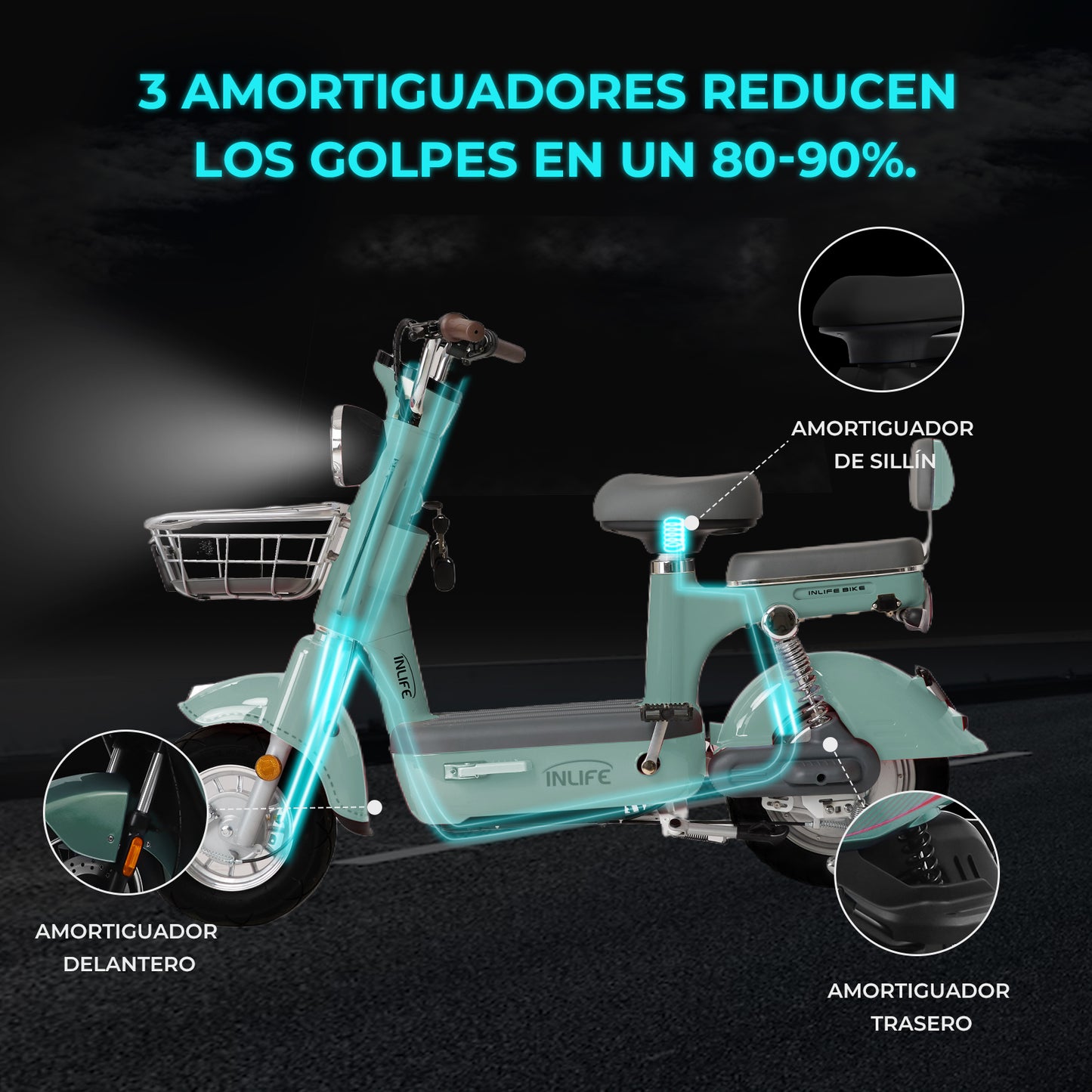 Inlife Bicicleta Eléctrica Motor 400w 40km/h 70km 20ah 2pasajero U6