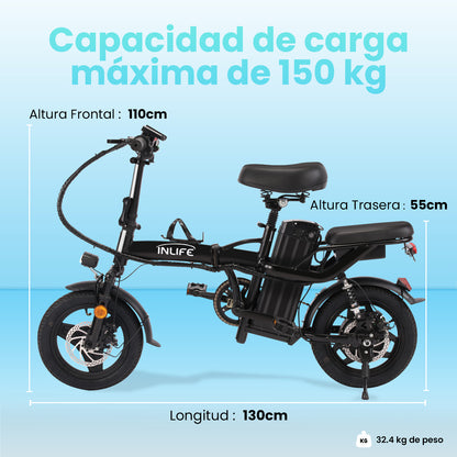 Bicicleta Eléctrica Plegable C/ Dos Asiento 400w 32km/h 40km